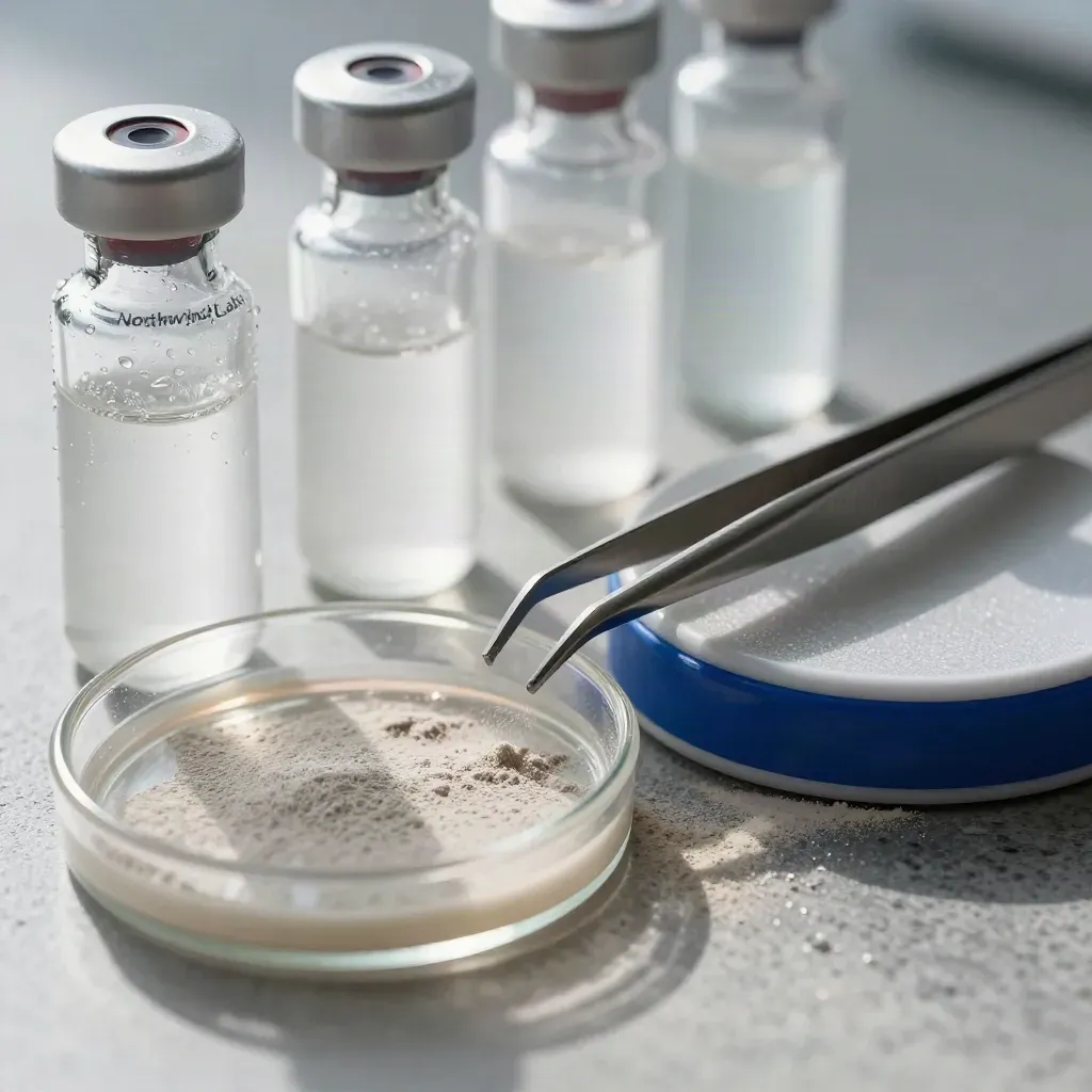 Macro lab still life with frosted vials, tweezers, petri dish and weigh boat on brushed stone