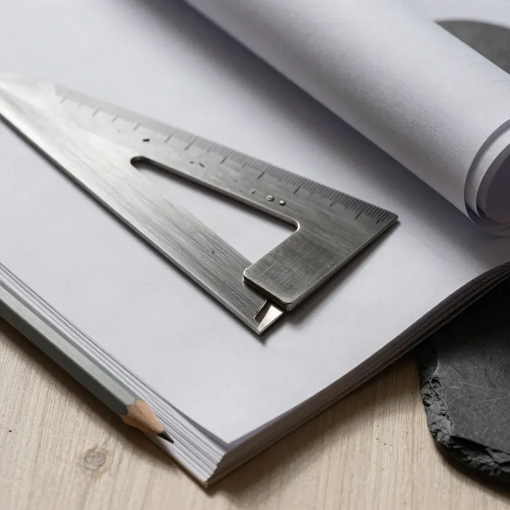 Drafting triangle, pencils, tracing paper rolls and a metal clip on pale wood under dramatic light.