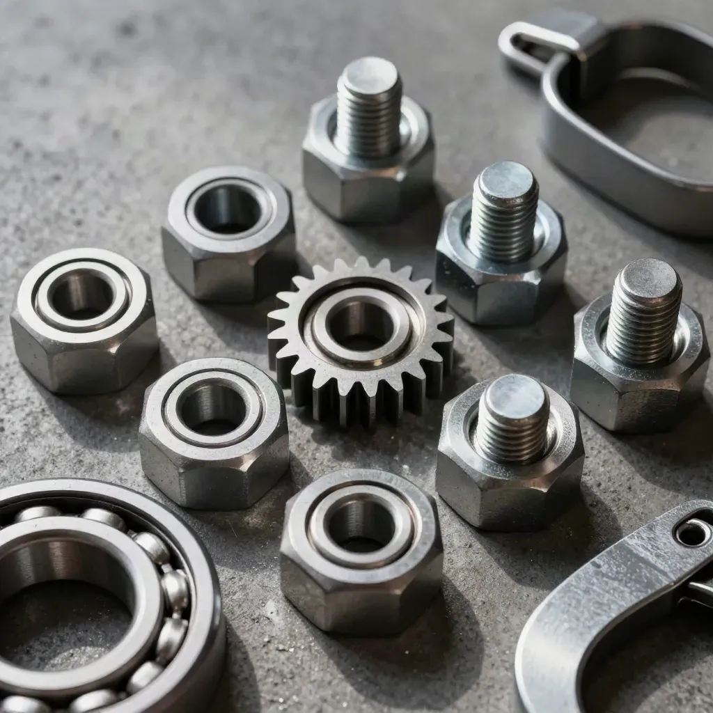 Top-down of bearings, bolts, a gear blank and clamp block on dark concrete