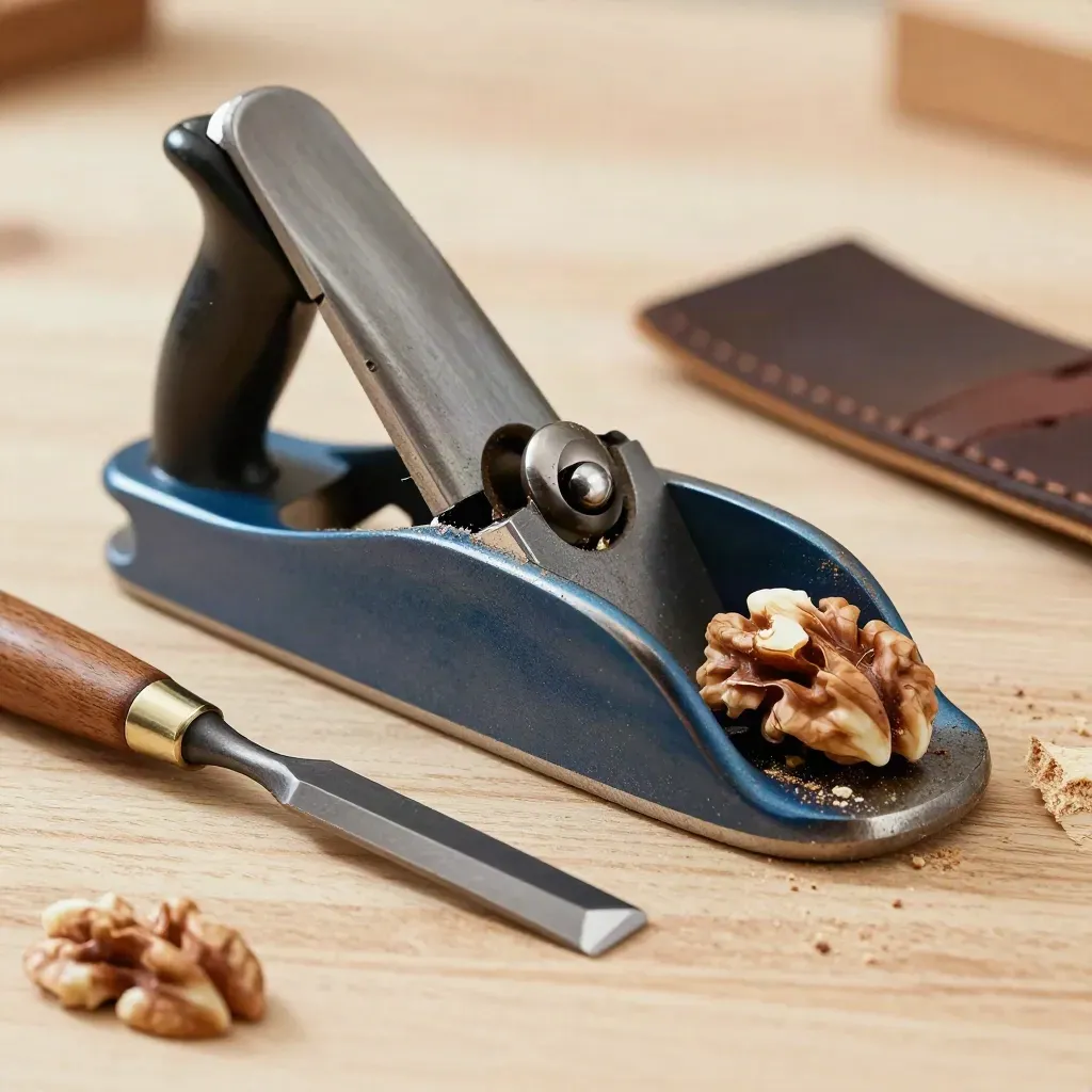 Macro still life of hand plane, chisel, walnut offcuts and strop on pale oak workbench.