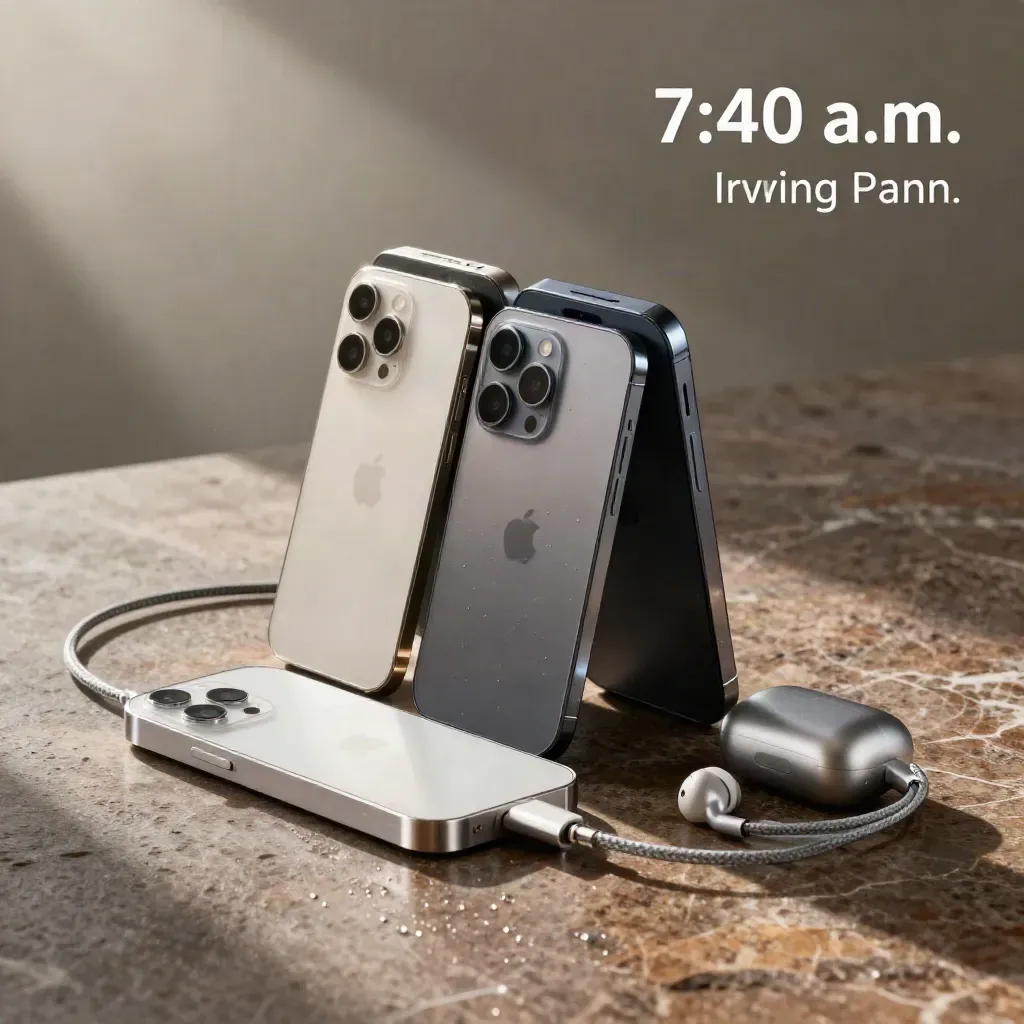 Four matte smartphones, earbuds, dock and cable on wet limestone in hard morning light.