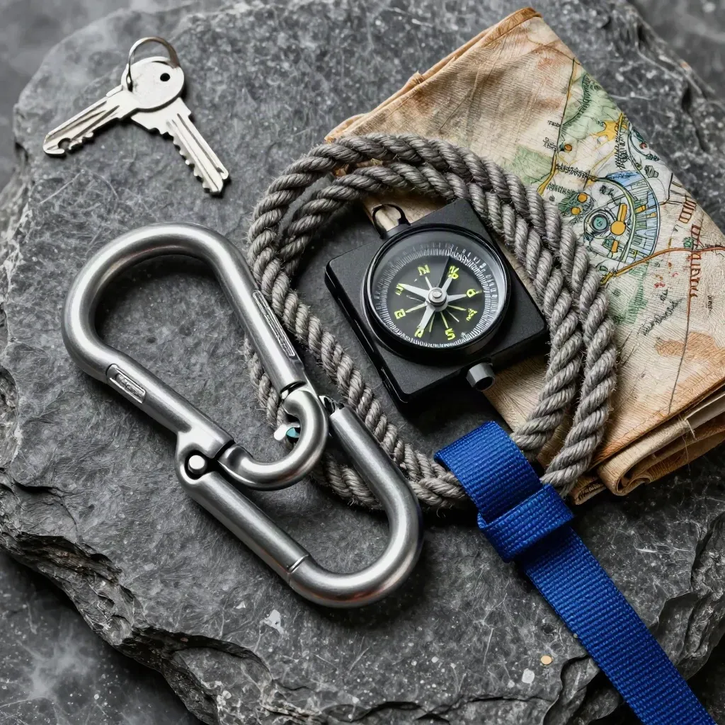 Top-down field kit still life with carabiners, compass case, rope coil, and folded map sleeve