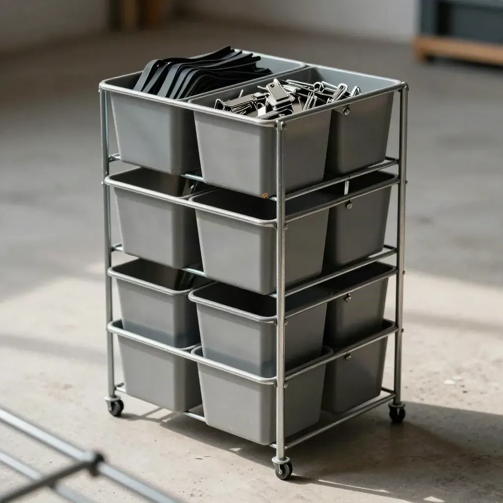 Modular storage bins and a steel rack bundled on pale concrete under hard light.