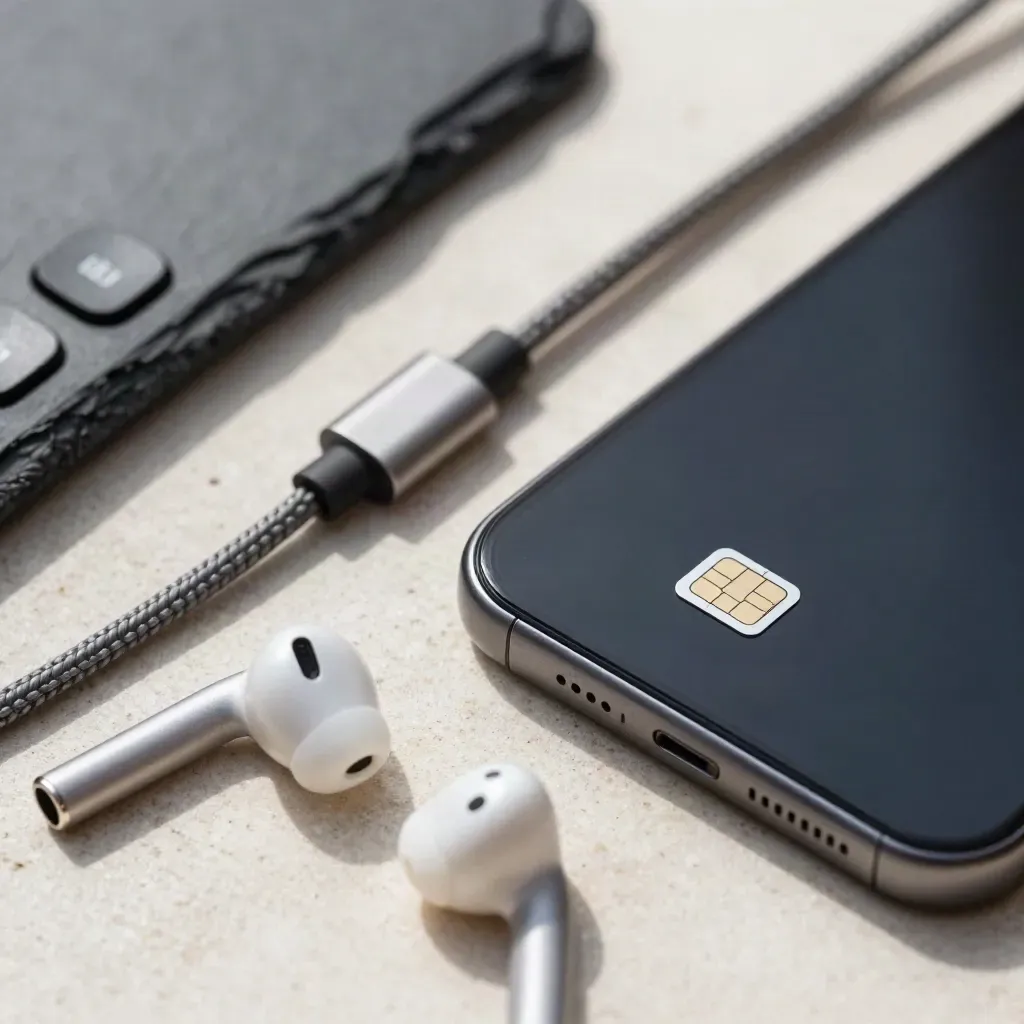 Smartphone review kit with SIM tray, cable, and earbuds on pale stone