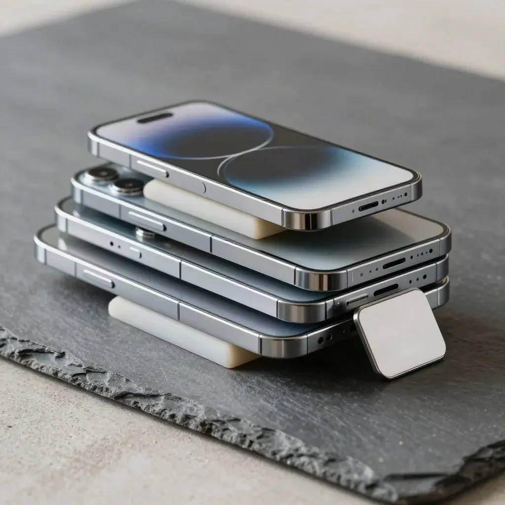 Three stacked smartphones on graphite stone with a silicone wedge and blank stand, lit by a hard side key.