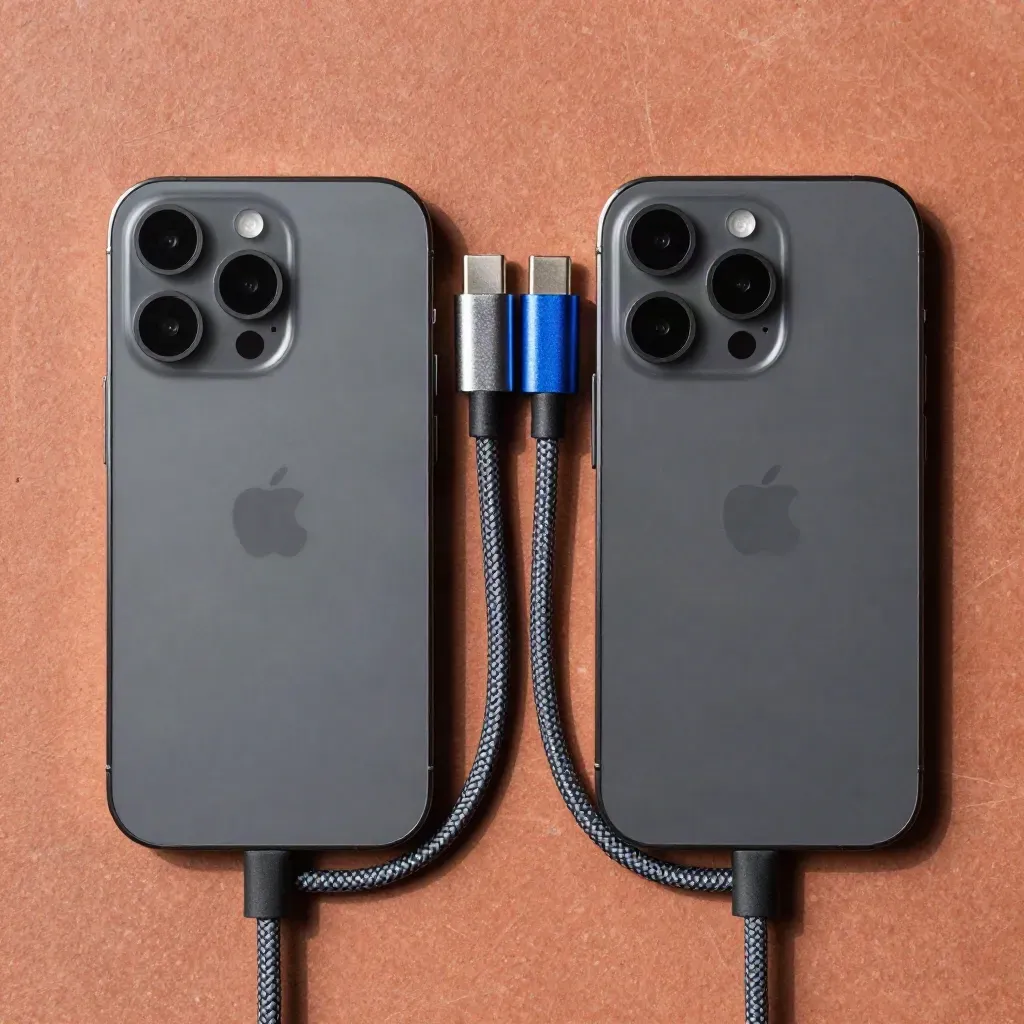 Top-down macro of two phones, a Y-cable, and metal spacers on a stone surface