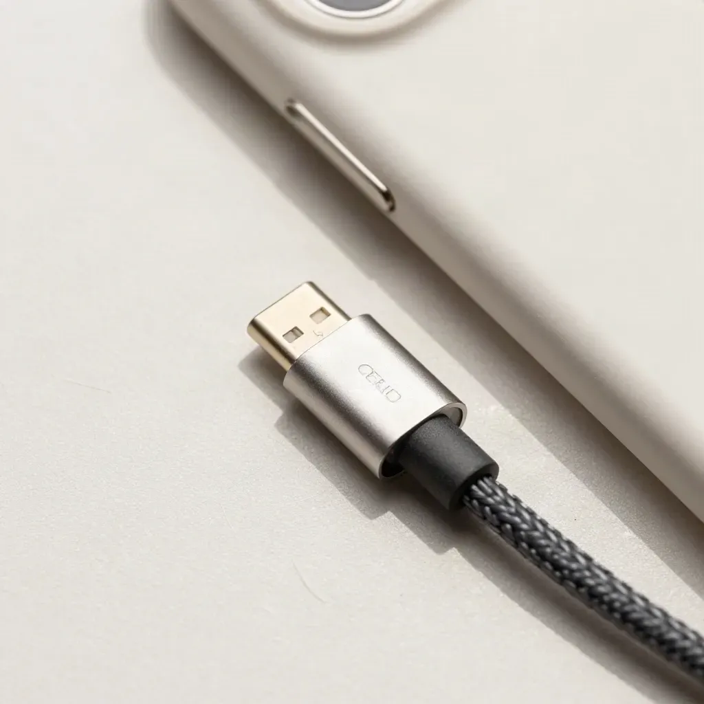 USB-C cable loop, SIM eject pin and phone case on matte plaster in extreme macro