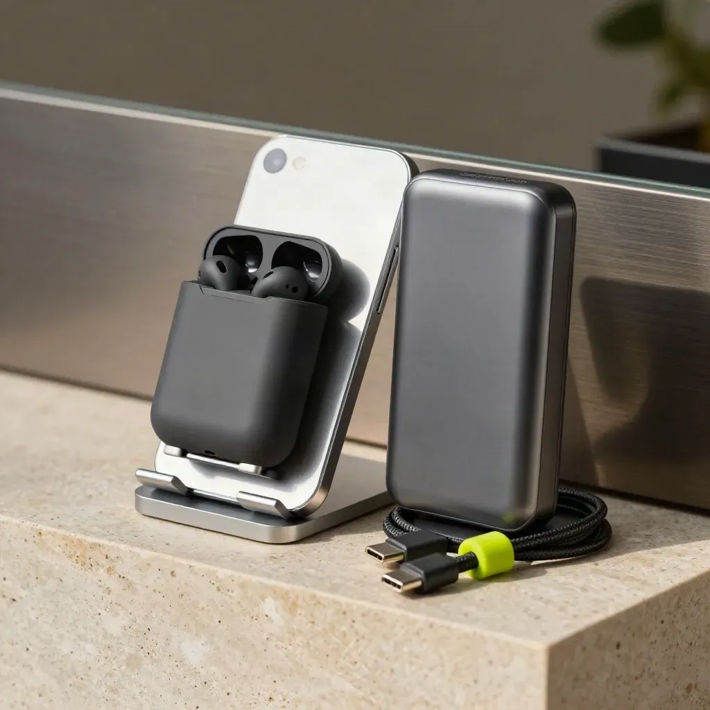 Phone stand, earbuds and power bank on a limestone plinth under dramatic studio light.