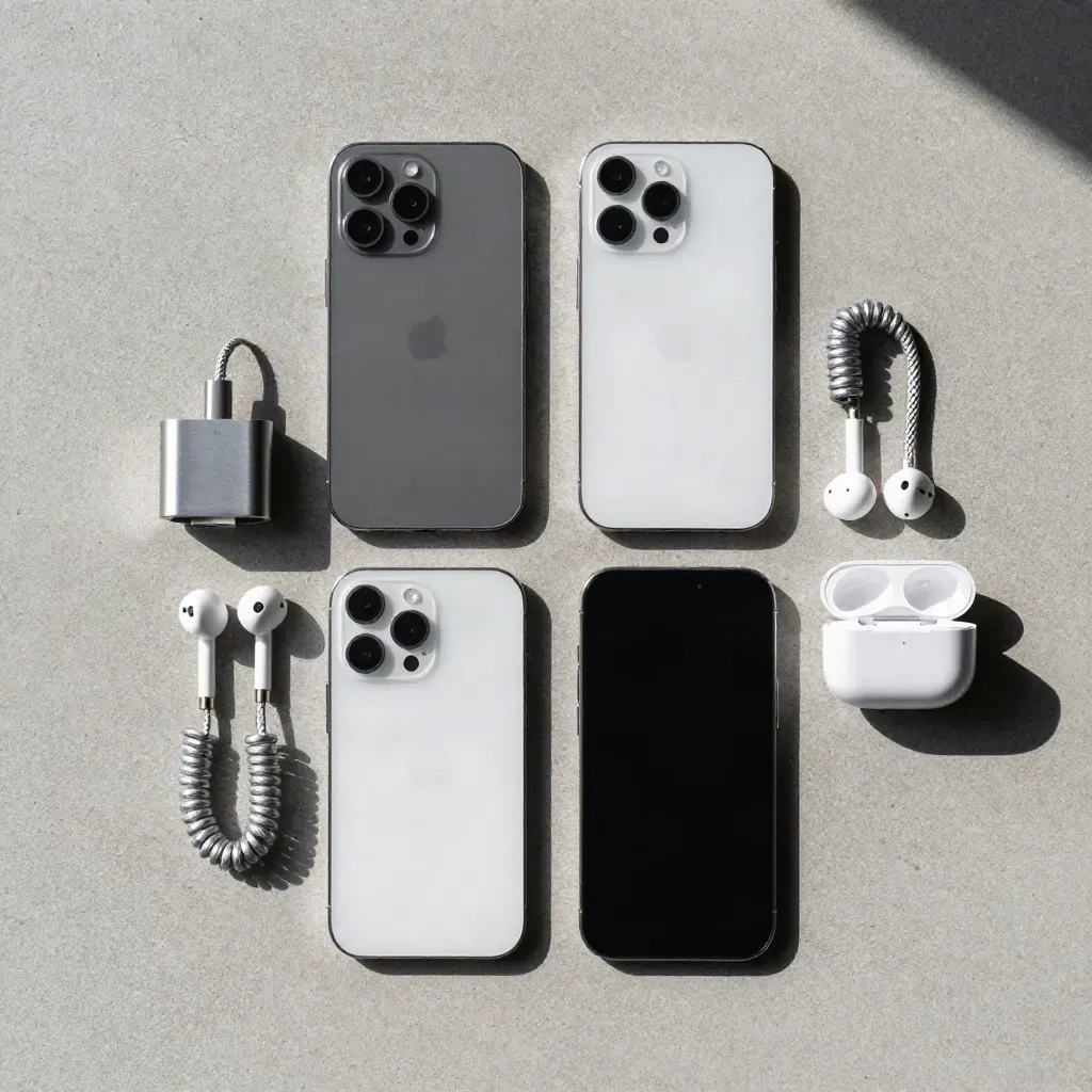 Four smartphones with cases, charger and earbuds arranged in a clean overhead grid.