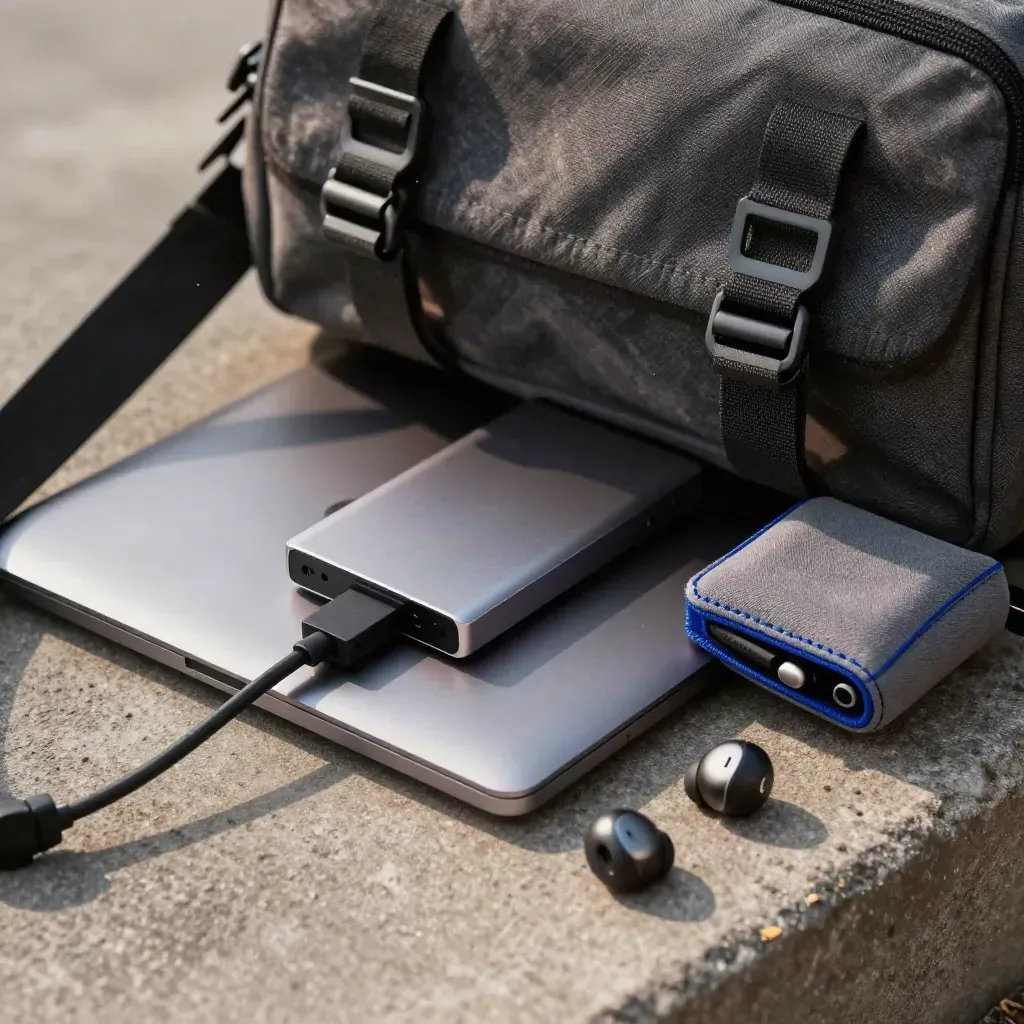Freelancer kit spilling from a messenger bag: laptop, SSD, hub, earbuds and cable pouch.