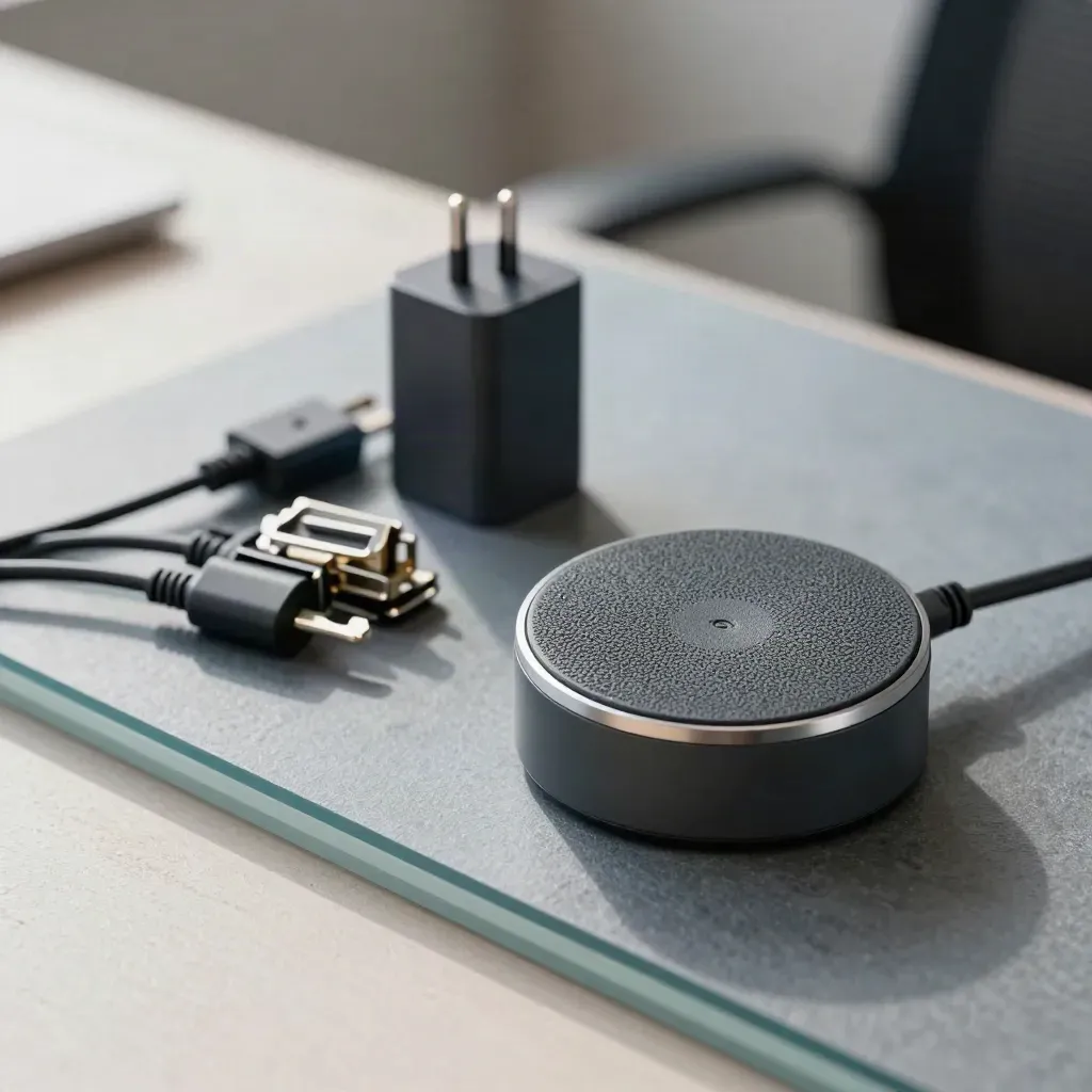 Speaker puck, charger hub and cable clips on slate concrete behind glass divider