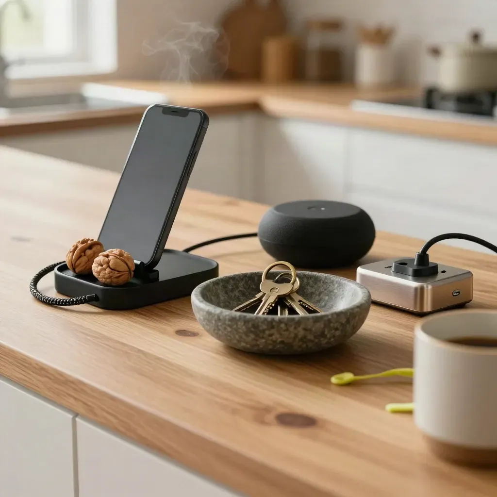 Kitchen counter still life with charging caddy, phone stand, speaker puck, keys bowl and power strip.