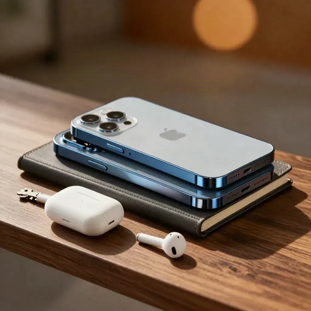 Stacked smartphones with notebook and earbuds case on dark walnut beside a coffee ring.