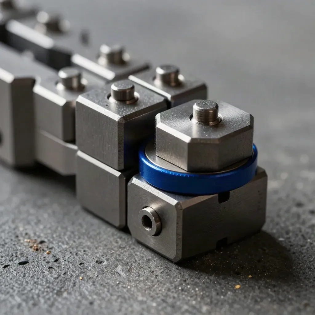 Macro stack of hex modules and precision connectors on dark concrete, lit from one side.