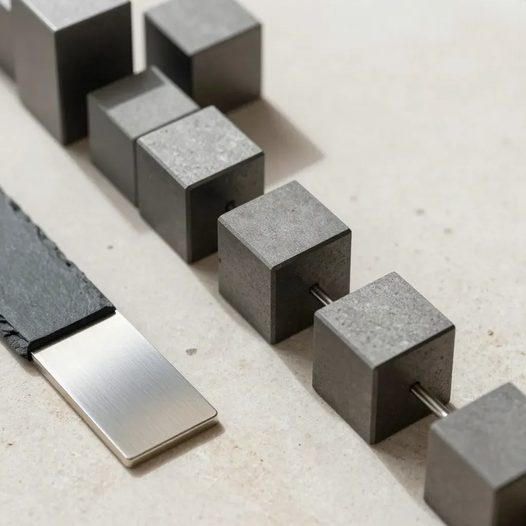 Top-down modular graphite cubes, magnetic slate clip, and stone slab on pale stone in soft light.