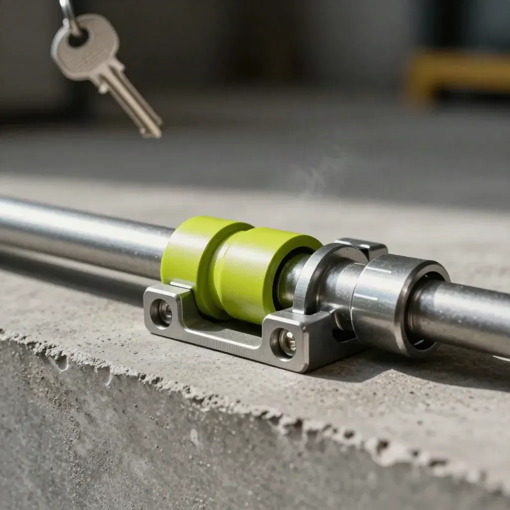 Metal brackets, split connector and rail assembly on concrete, lit dramatically with a lime accent