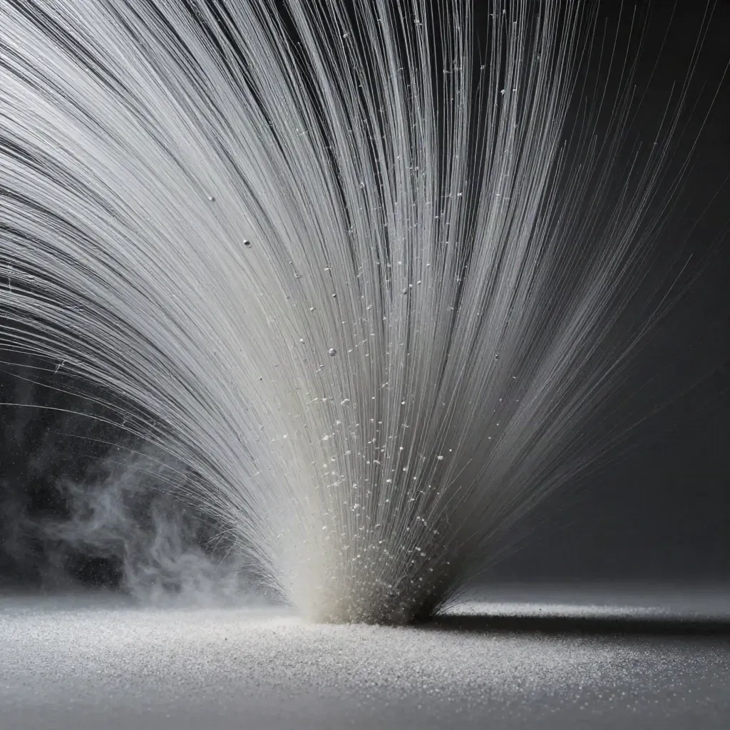 Silver particle streams converge into a white bloom over dark graphite haze.